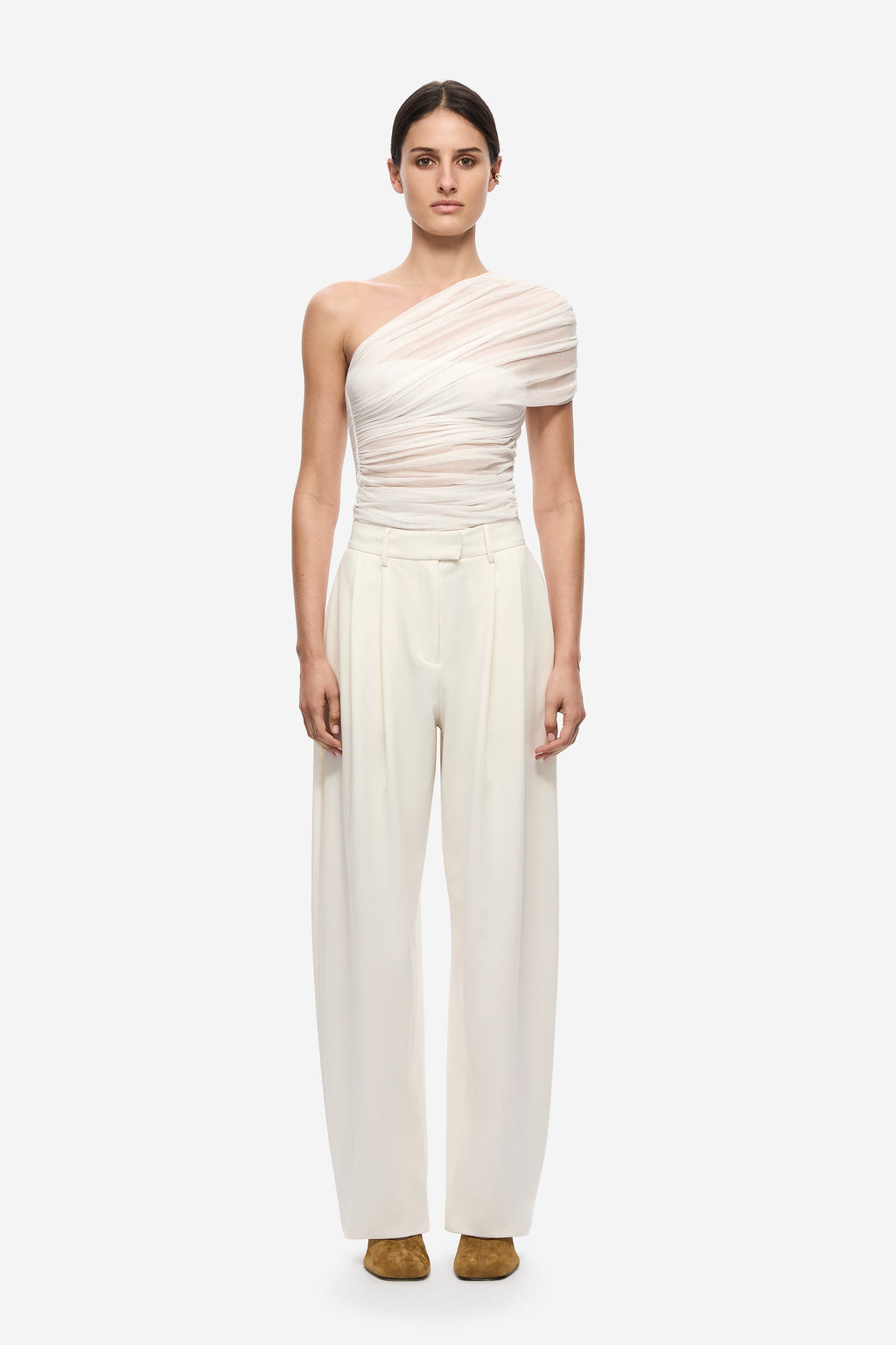Ivory interwoven silk tulle one-shoulder top with ruched drape