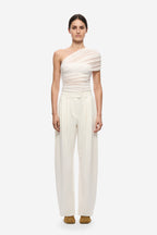 Ivory interwoven silk tulle one-shoulder top with ruched drape