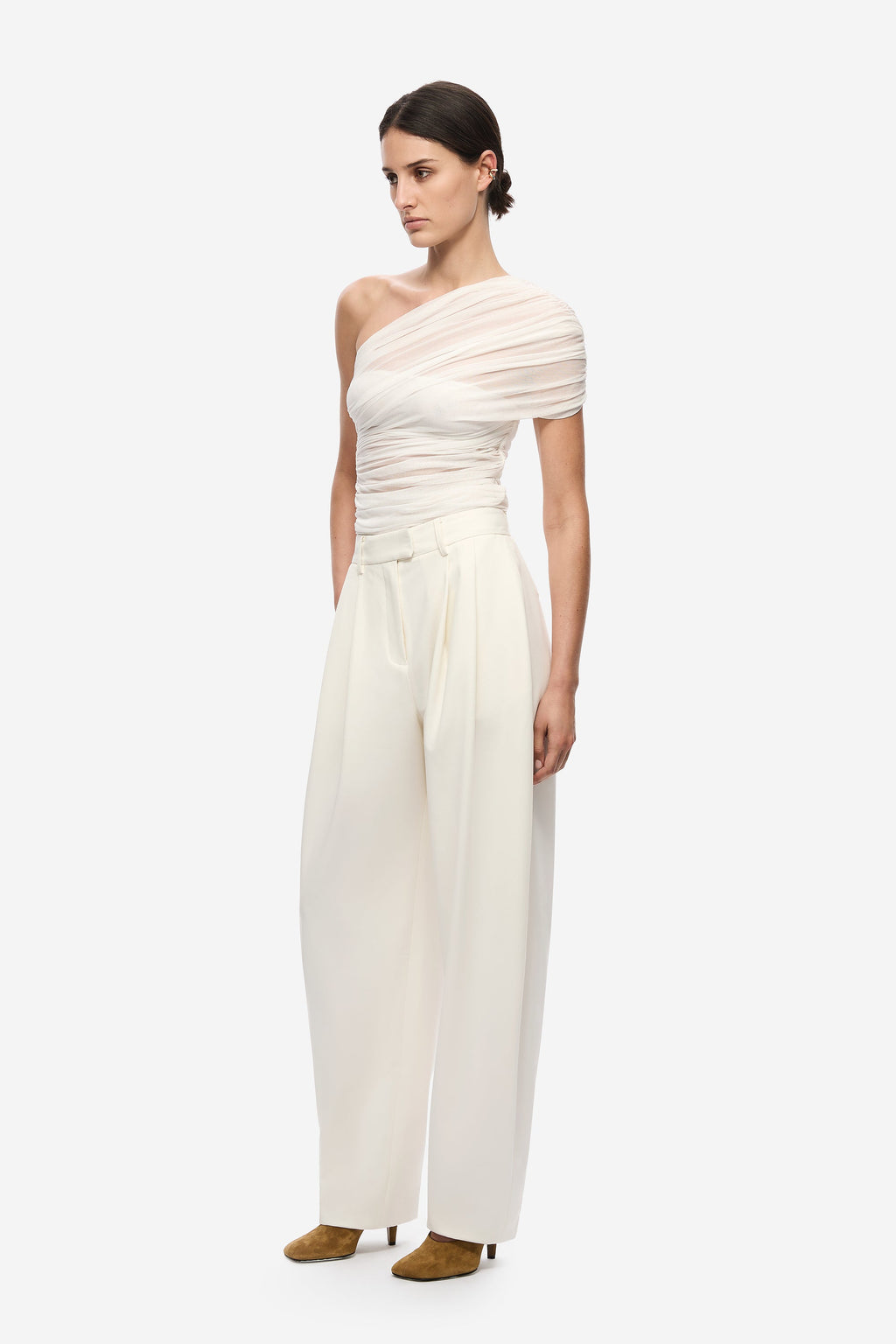 Ivory interwoven silk tulle one-shoulder top with draped pleats