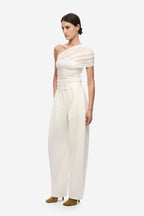 Ivory interwoven silk tulle one-shoulder top with draped pleats