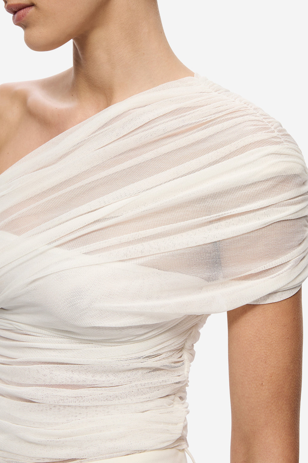 Ivory interwoven silk tulle top with gathered shoulder and striped ruching