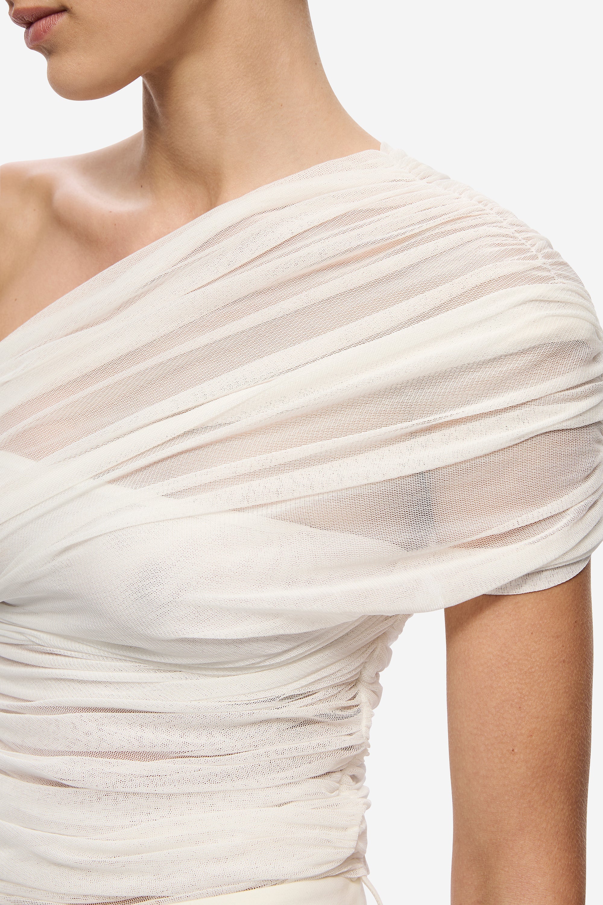 Ivory interwoven silk tulle top with gathered shoulder and striped ruching