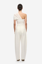Ivory interwoven silk tulle one-shoulder top, back view with draped ruching