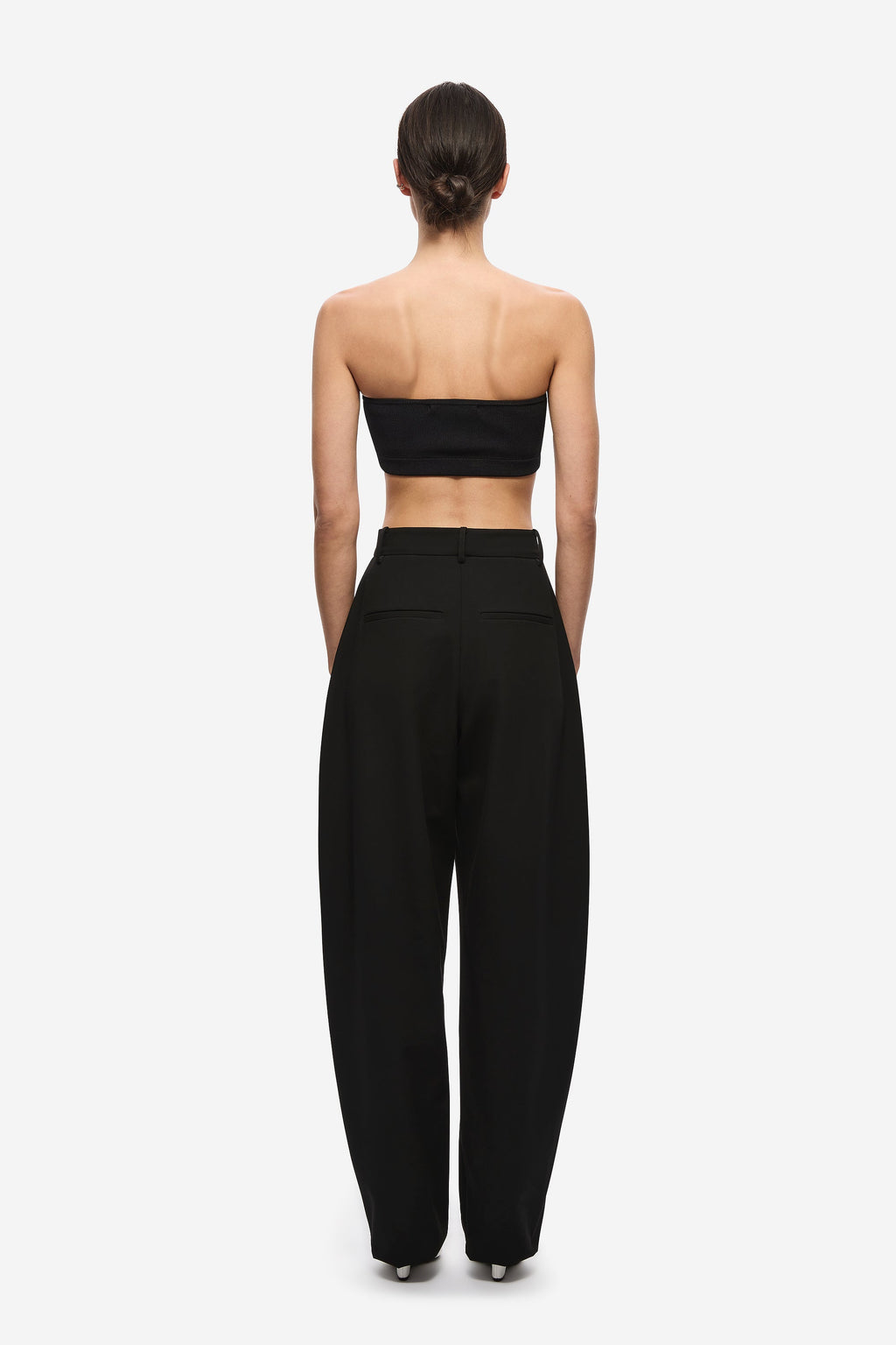 Black knit bandeau top with strapless straight back band