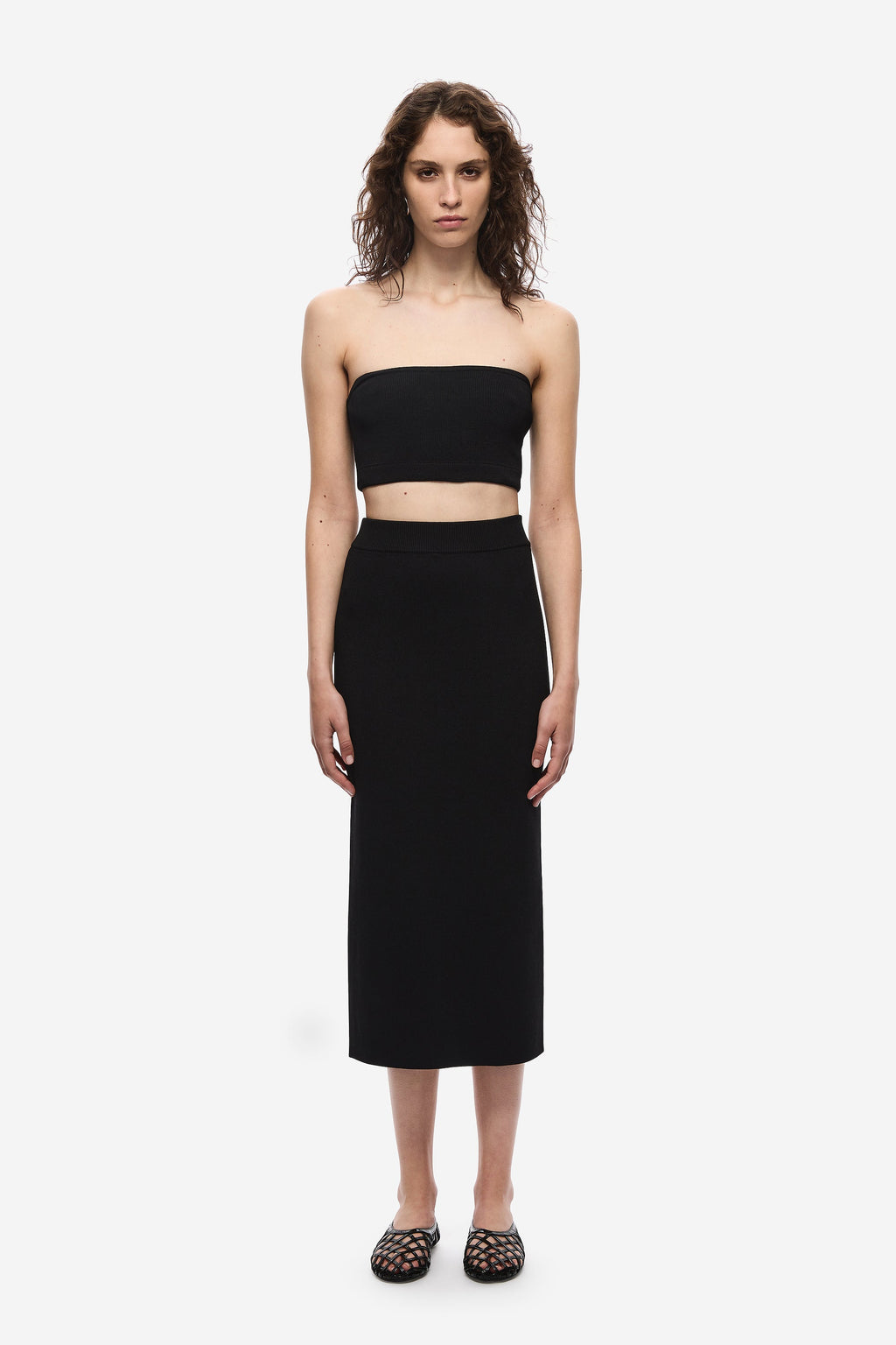 Black knit column midi skirt with high waistband, front view