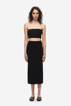 Black knit column midi skirt with high waistband, front view