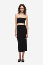 Black knit column midi skirt, high-rise straight cut