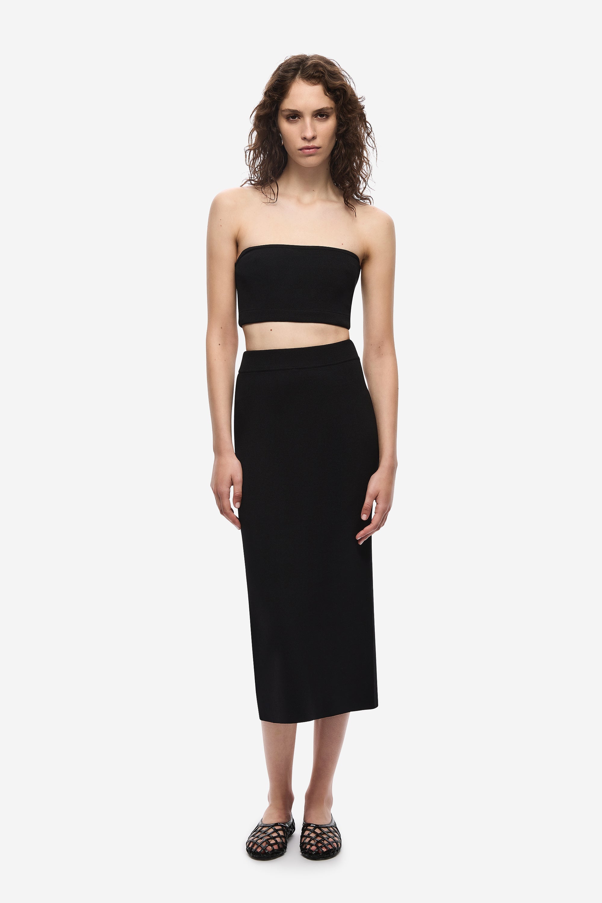 Black knit column midi skirt, high-rise straight cut