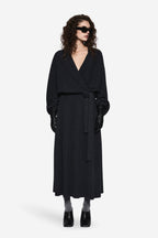 Dark charcoal wrap cardigan with V-neck, long sleeves, and adjustable waist tie.