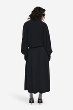 Dark charcoal wrap cardigan back view with draped waist and long sleeves.