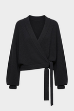 Dark charcoal V-neck wrap cardigan with long sleeves and tied waist detail.
