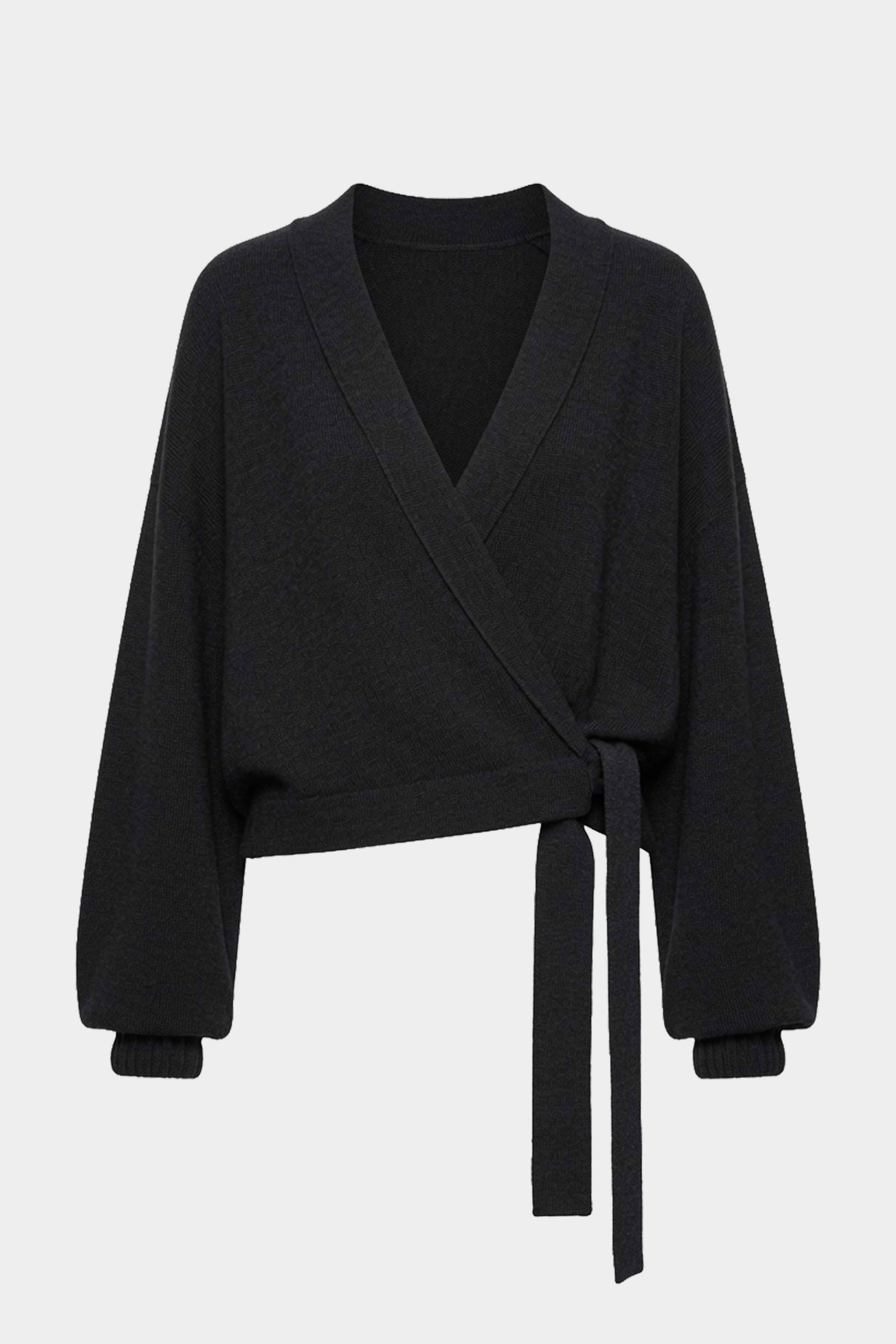 Dark charcoal V-neck wrap cardigan with long sleeves and tied waist detail.