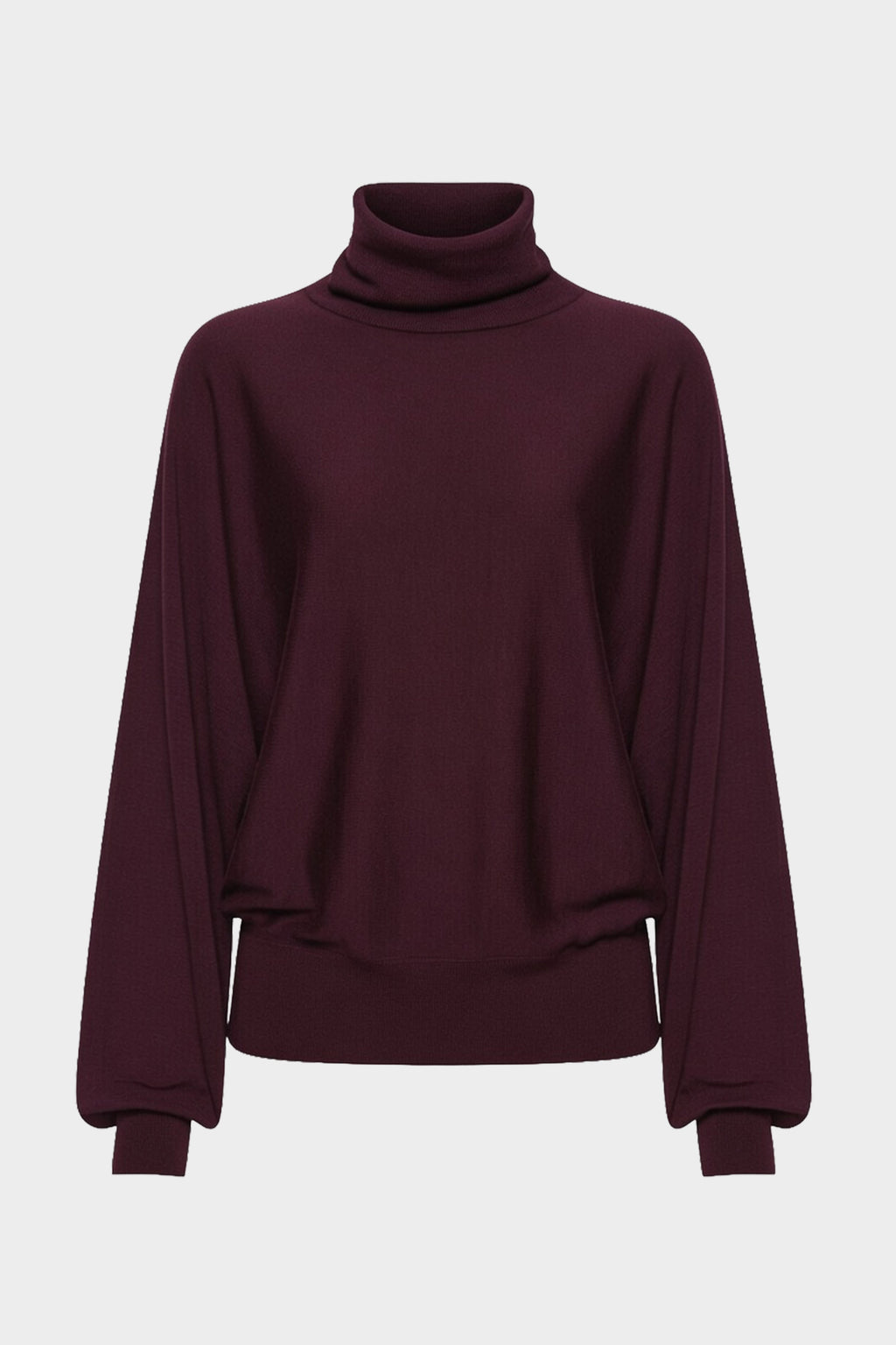 Eggplant merino high-neck sweater, front view with ribbed hem