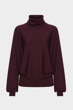 Eggplant merino high-neck sweater, front view with ribbed hem