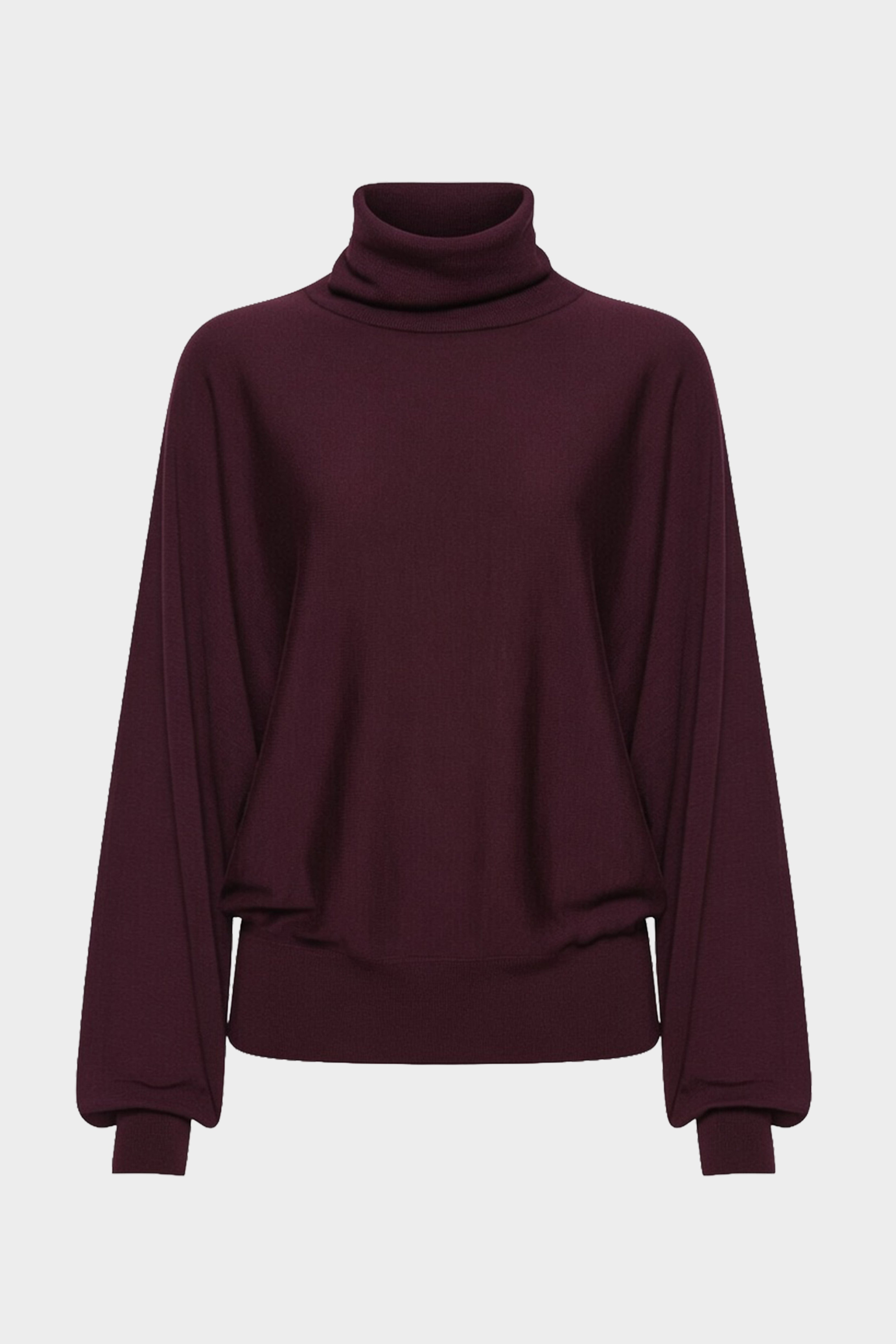 Eggplant merino high-neck sweater, front view with ribbed hem