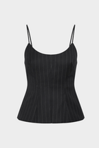 Charcoal wool pinstripe cami top close-up with spaghetti straps