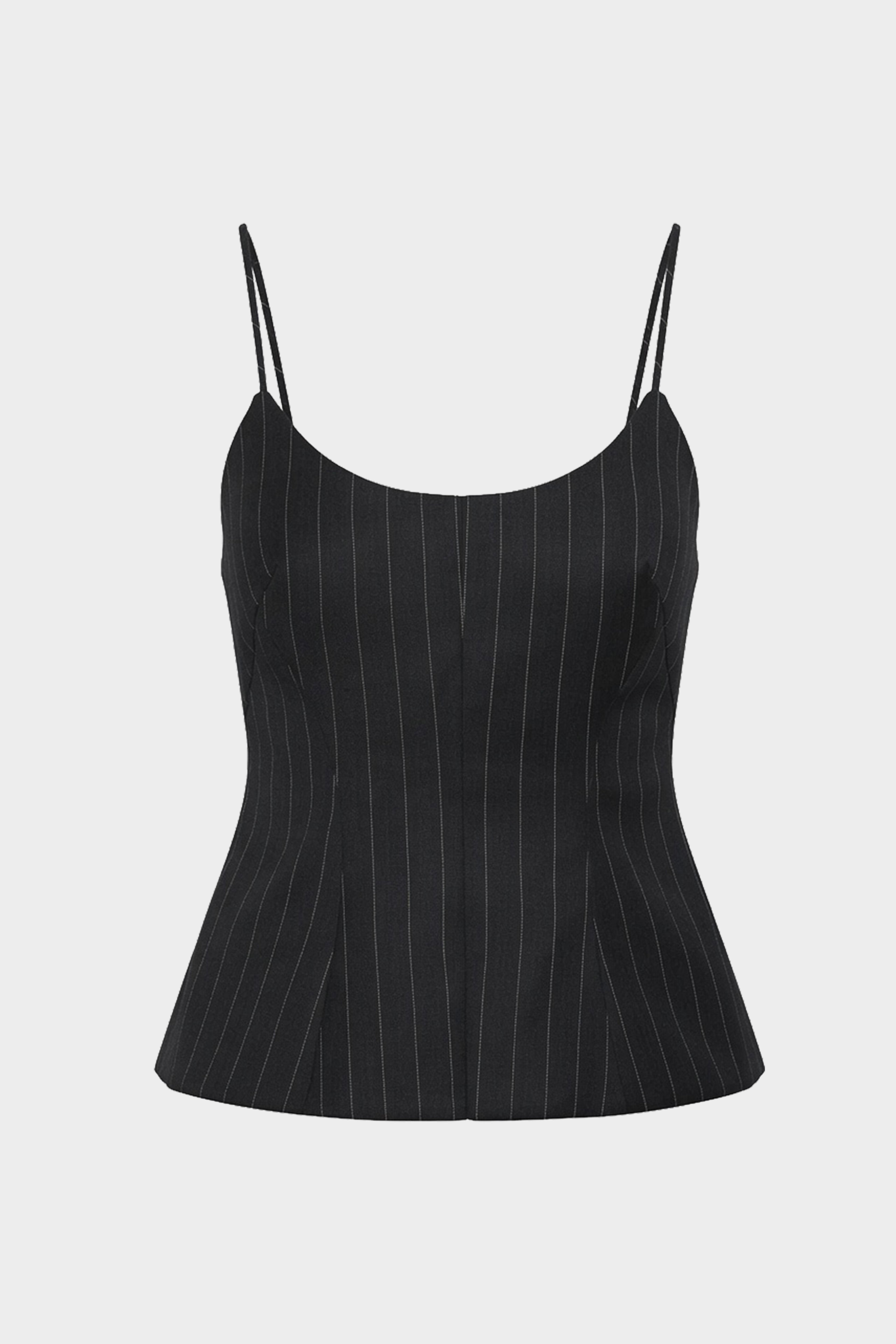 Charcoal wool pinstripe cami top close-up with spaghetti straps