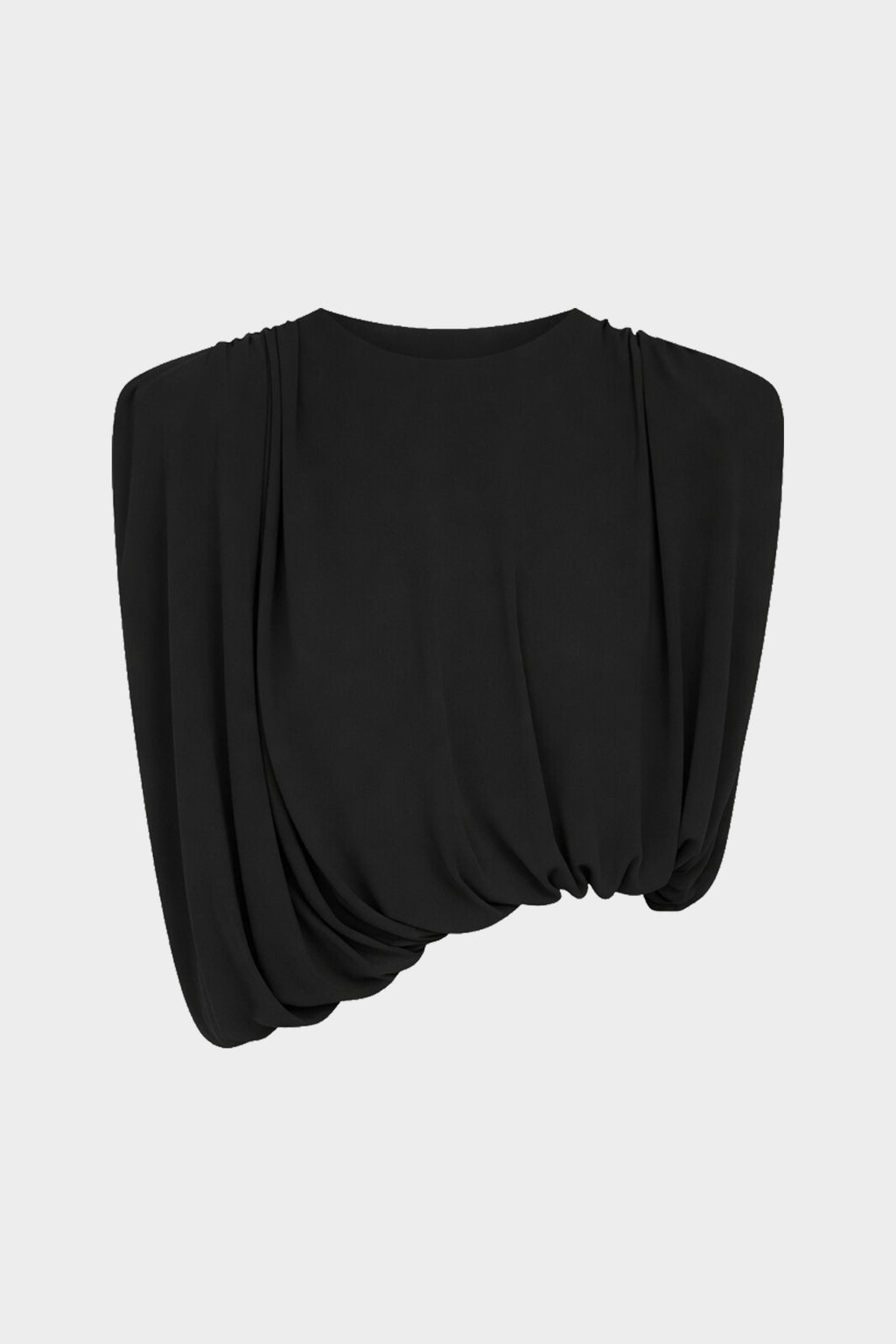 Black draped jersey top flat lay with gathered waist and draped neckline