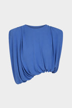 LIRIA iris blue draped jersey top, gathered crew neck with swirled side folds