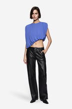 LIRIA draped jersey crop top in iris blue, gathered front and cap sleeves