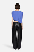 LIRIA iris blue draped jersey top, back view with gathered drape at waist