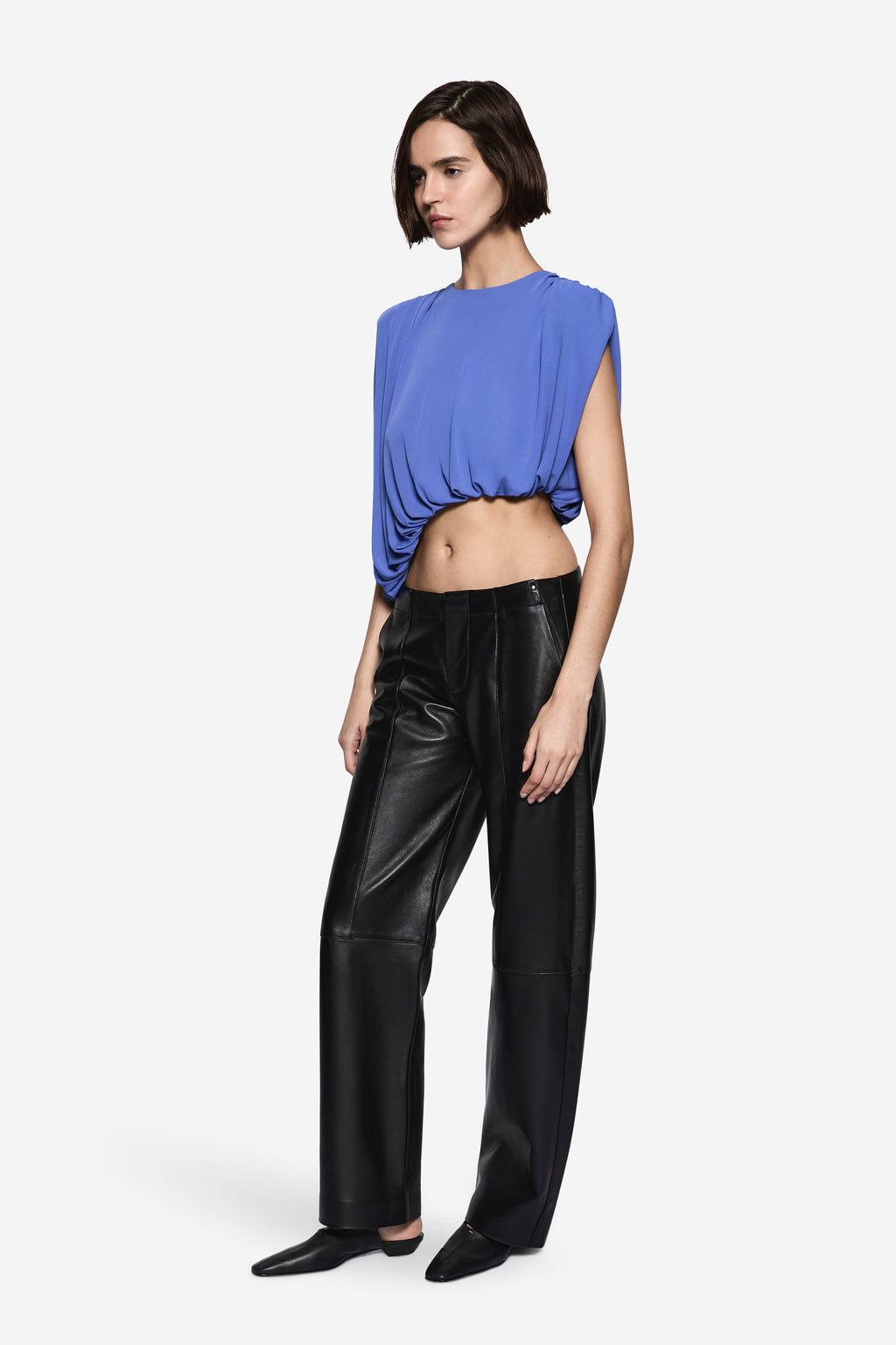 LIRIA iris blue draped jersey crop top with gathered front and shoulder pleats
