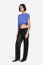 LIRIA iris blue draped jersey crop top with gathered front and shoulder pleats