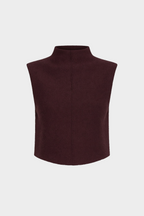 Burgundy boucle sleeveless high-neck top with center front seam