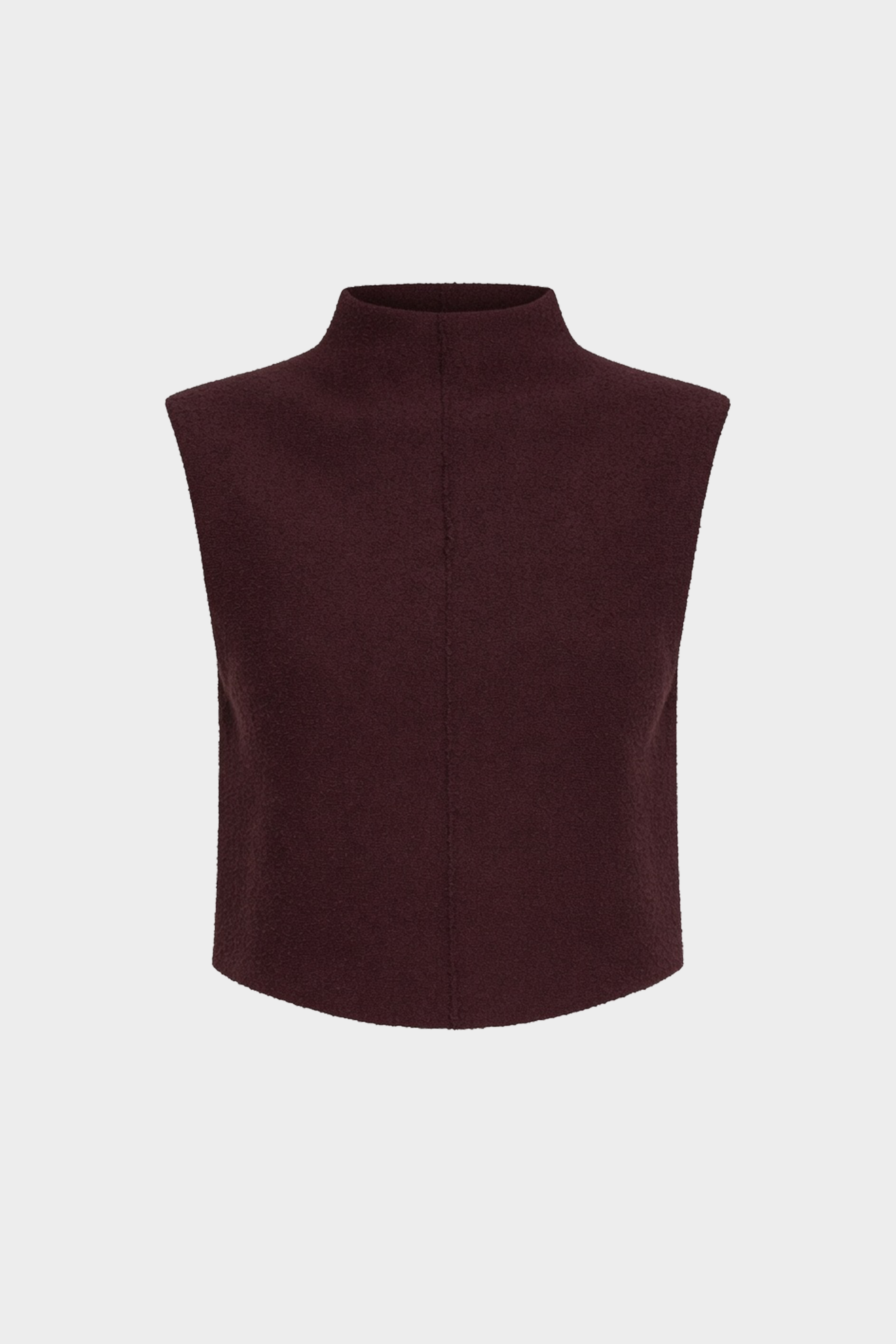 Burgundy boucle sleeveless high-neck top with center front seam