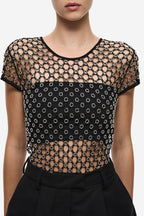 Black beaded crochet cropped tee detail, round neck and chain-dot beading pattern.
