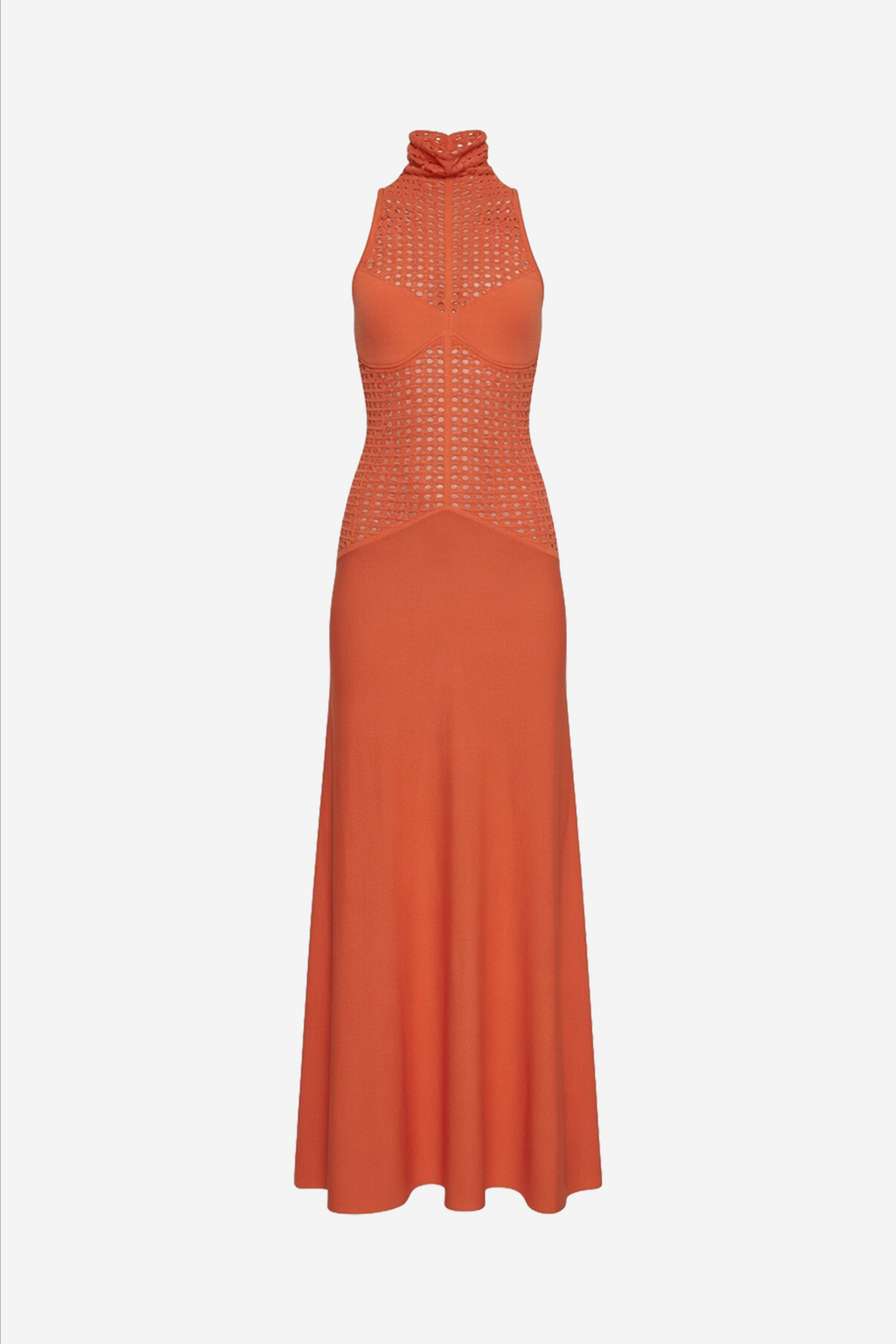 Spicy orange knit maxi dress with sleeveless high neck and open-knit body detail