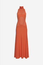 Spicy orange knit maxi dress with sleeveless high neck and open-knit body detail