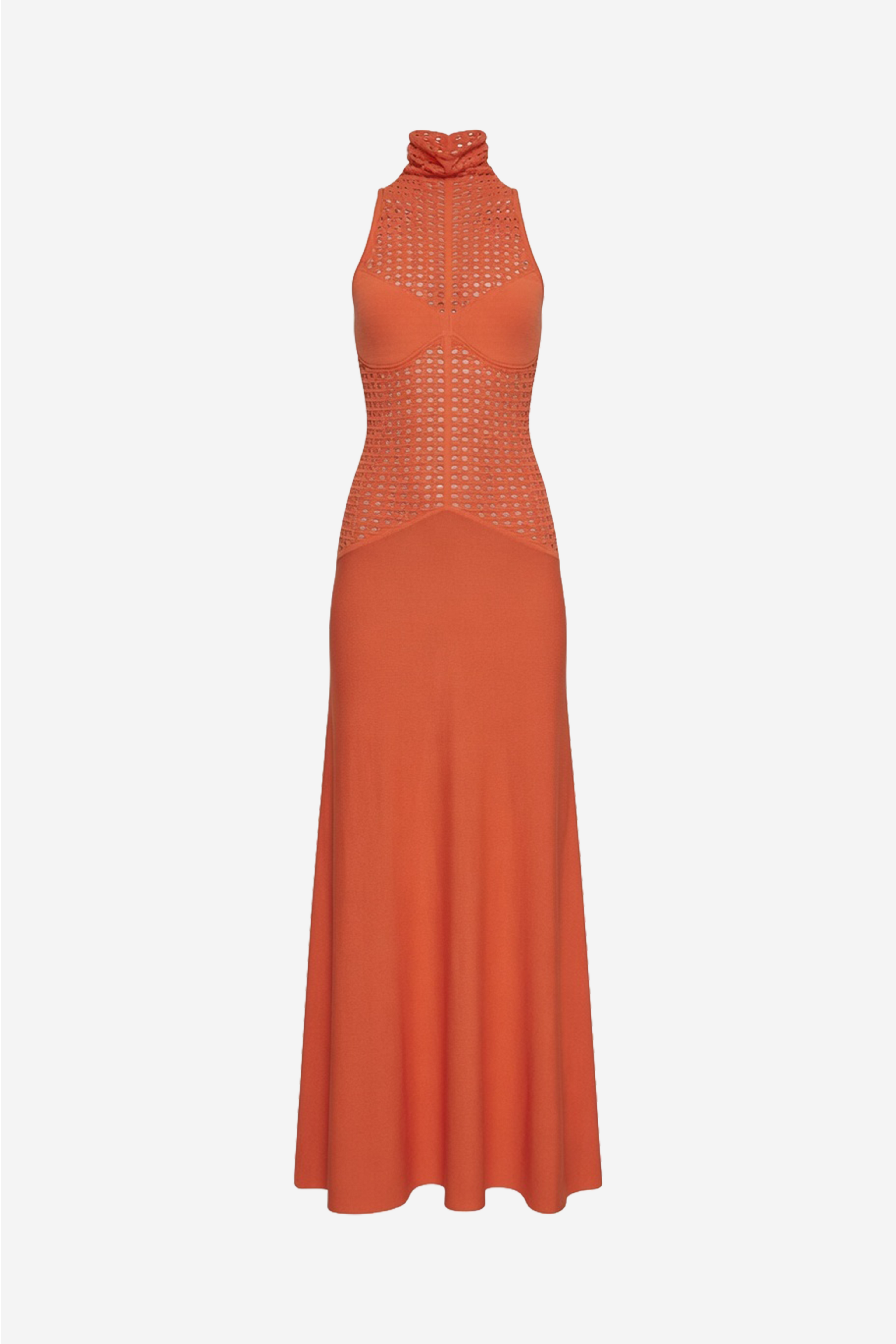 Spicy orange knit maxi dress with sleeveless high neck and open-knit body detail