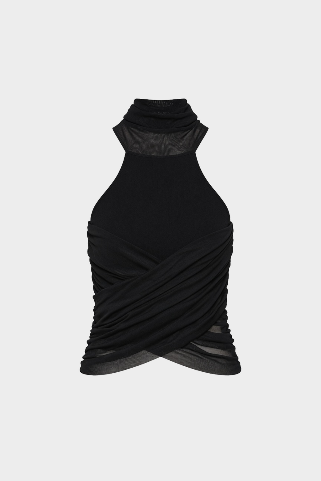 Black knit halter top detail with ruched draped wrap at neckline