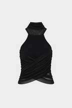 Black knit halter top detail with ruched draped wrap at neckline