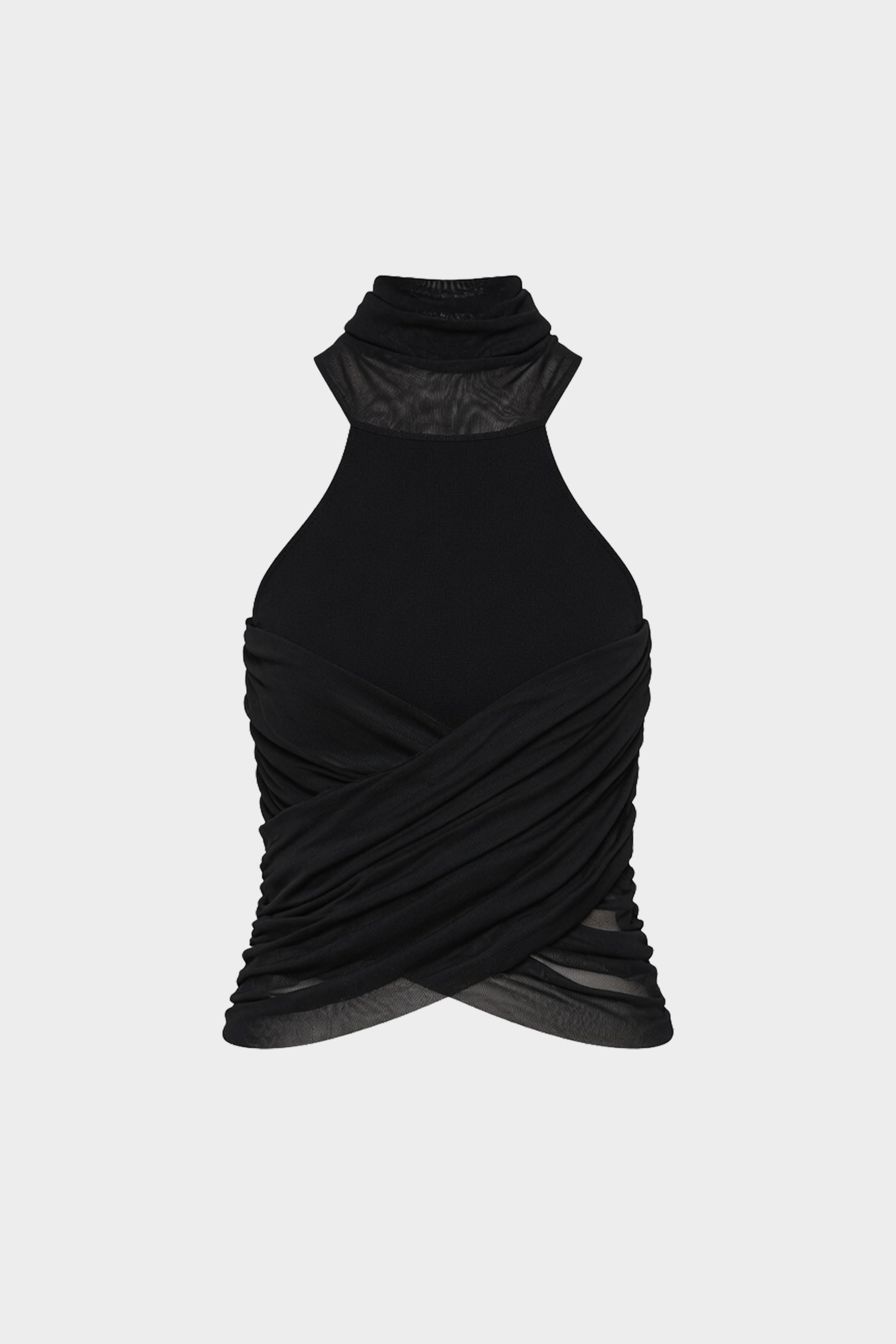 Black knit halter top detail with ruched draped wrap at neckline