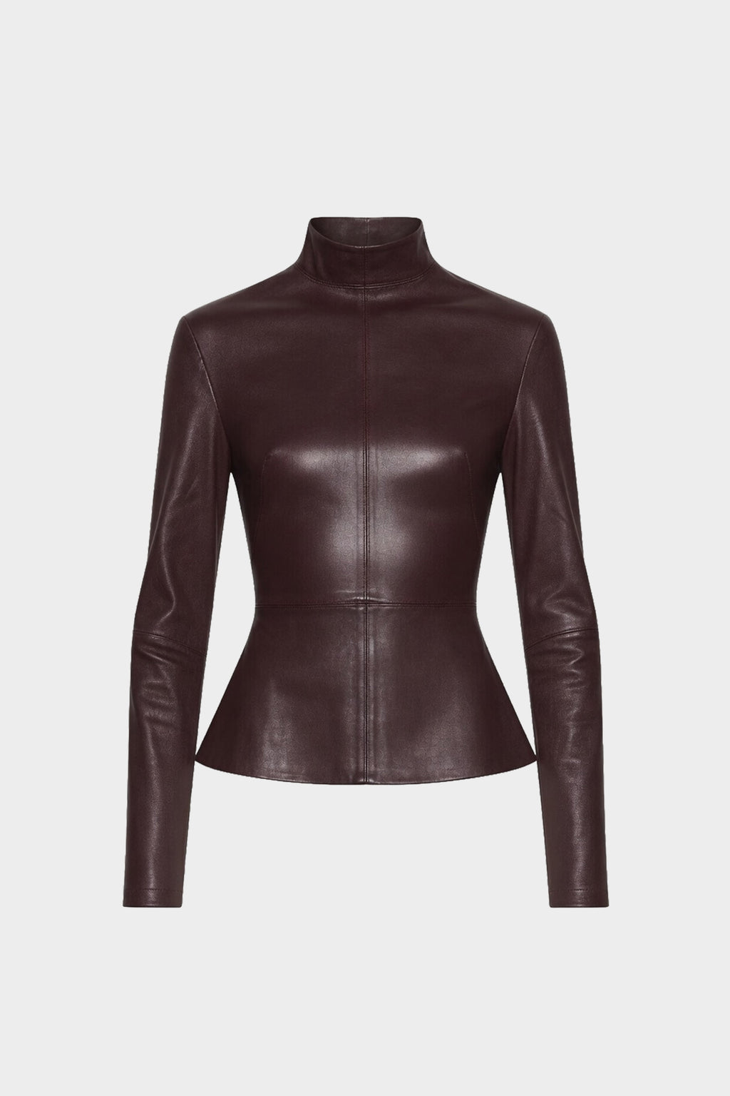 Bitter chocolate leather long-sleeve top with high turtleneck and fitted seams