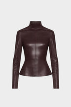 Bitter chocolate leather long-sleeve top with high turtleneck and fitted seams