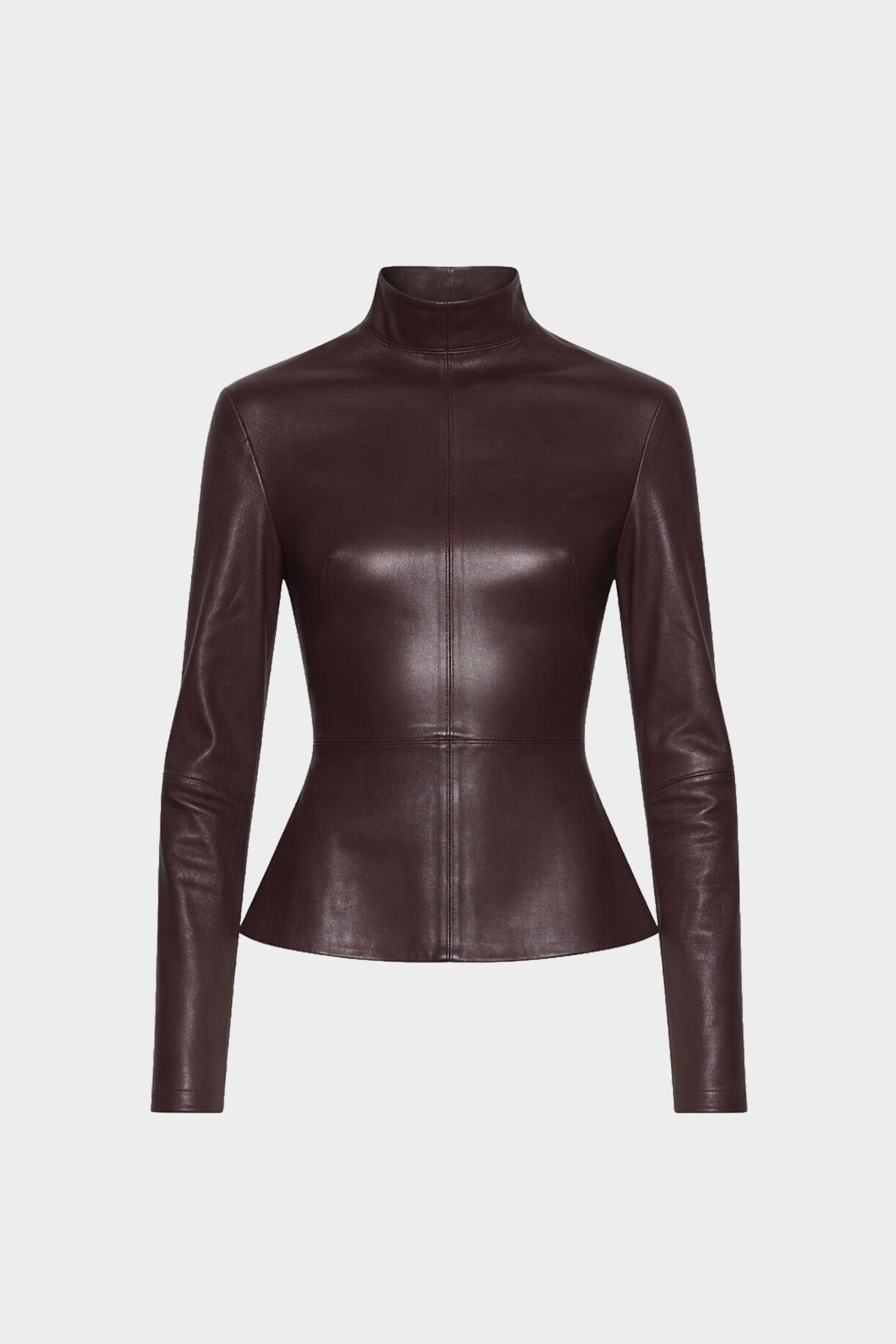 Bitter chocolate leather long-sleeve top with high turtleneck and fitted seams