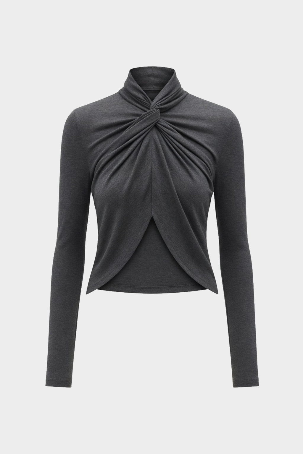 Dark charcoal TENCEL long-sleeve twist top with knotted collar and curved hem.