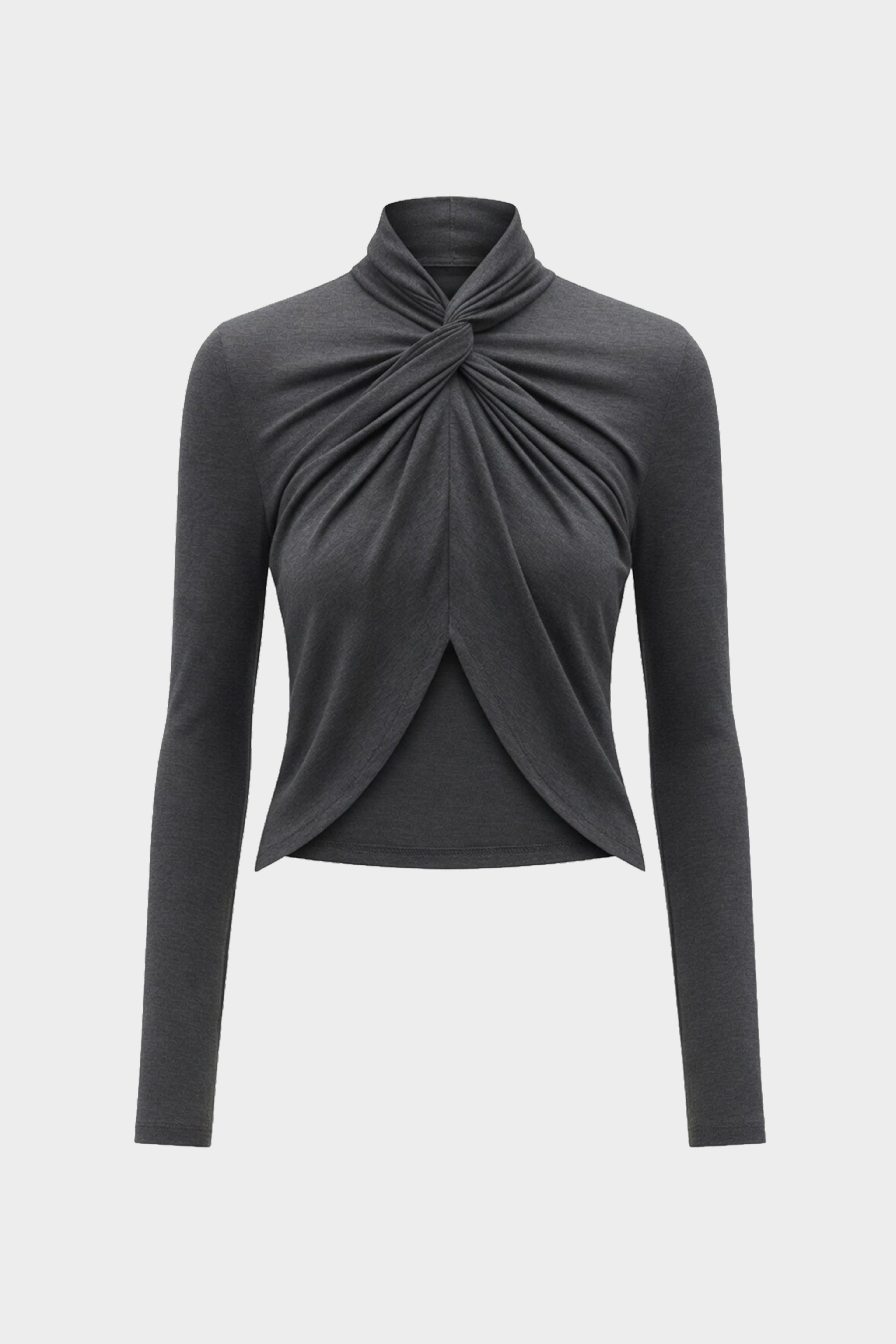 Dark charcoal TENCEL long-sleeve twist top with knotted collar and curved hem.