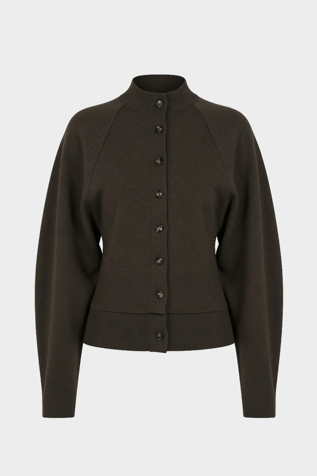 Hunter green merino knit cardigan front with high neckline and button placket