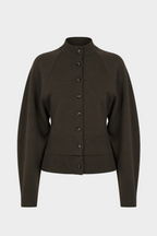 Hunter green merino knit cardigan front with high neckline and button placket