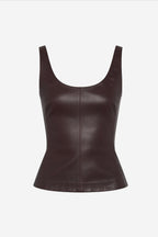 Dark brown stretch leather tank top with sleeveless scoop U-neck and seam details