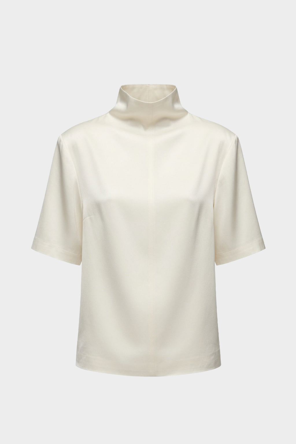 White mock-neck acetate tee with short sleeves, pullover style