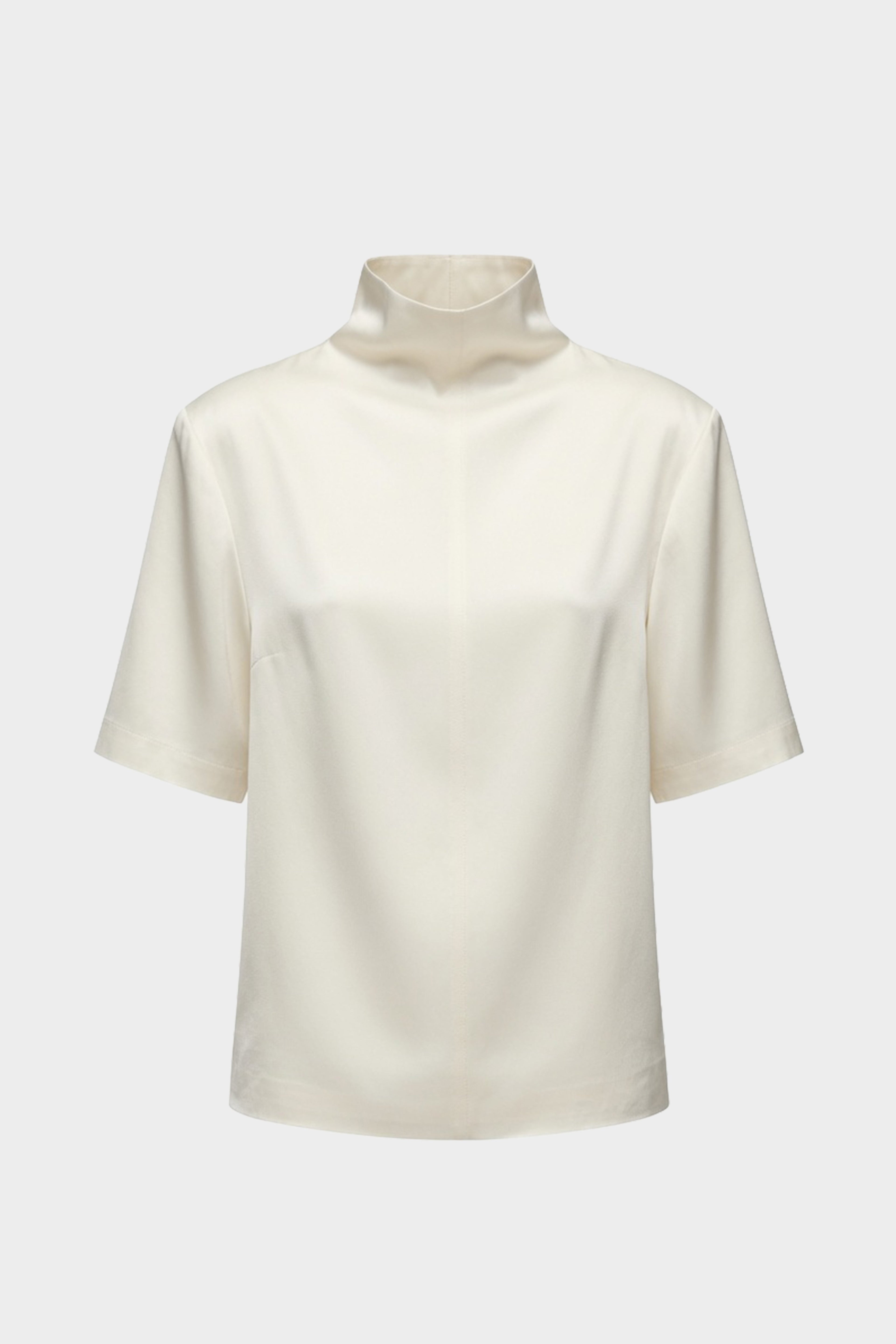 White mock-neck acetate tee with short sleeves, pullover style