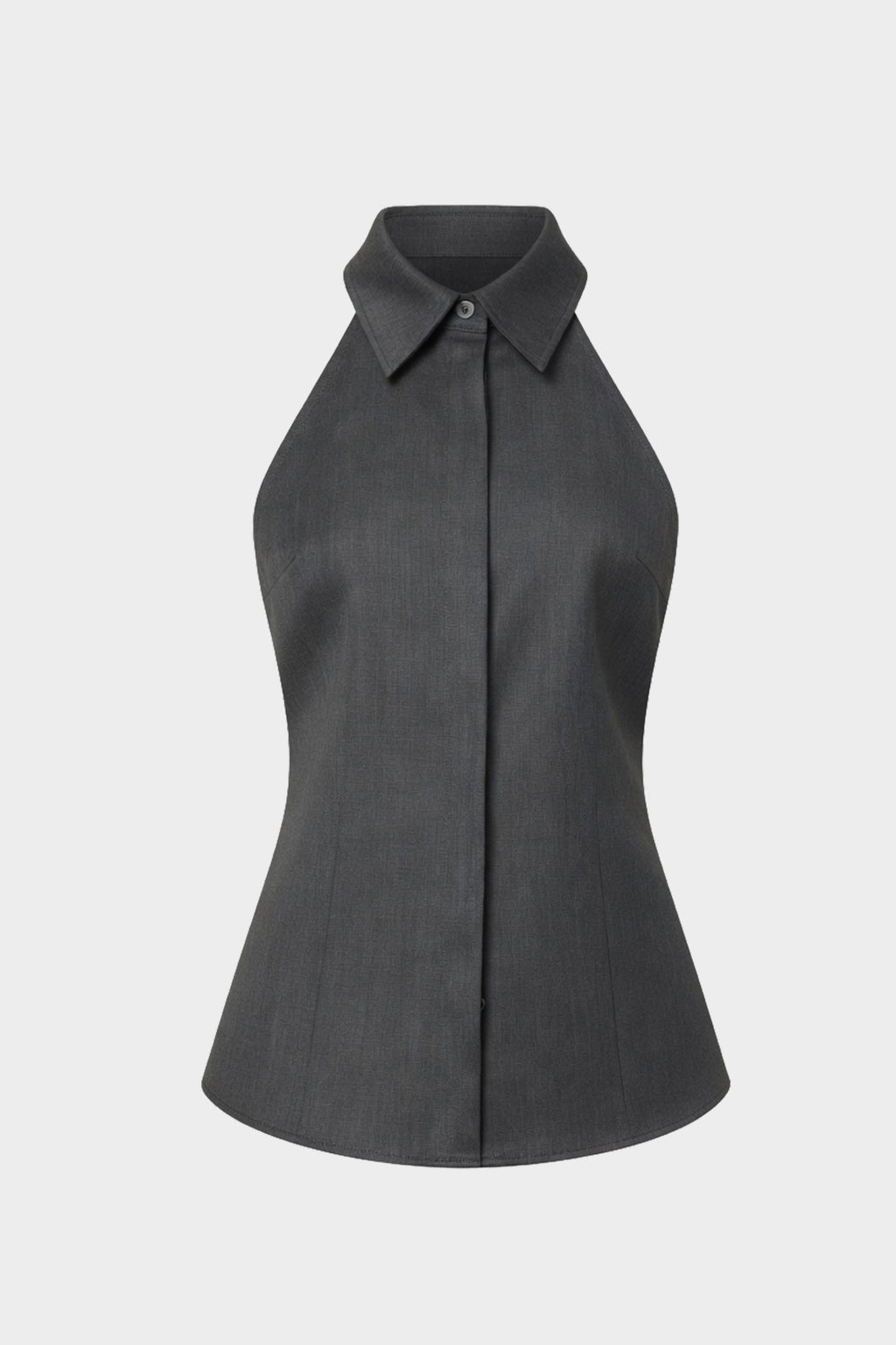 Grey halter suiting shirt front detail with pointed collar and center buttons