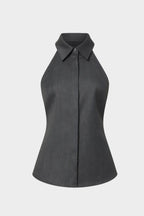 Grey halter suiting shirt front detail with pointed collar and center buttons