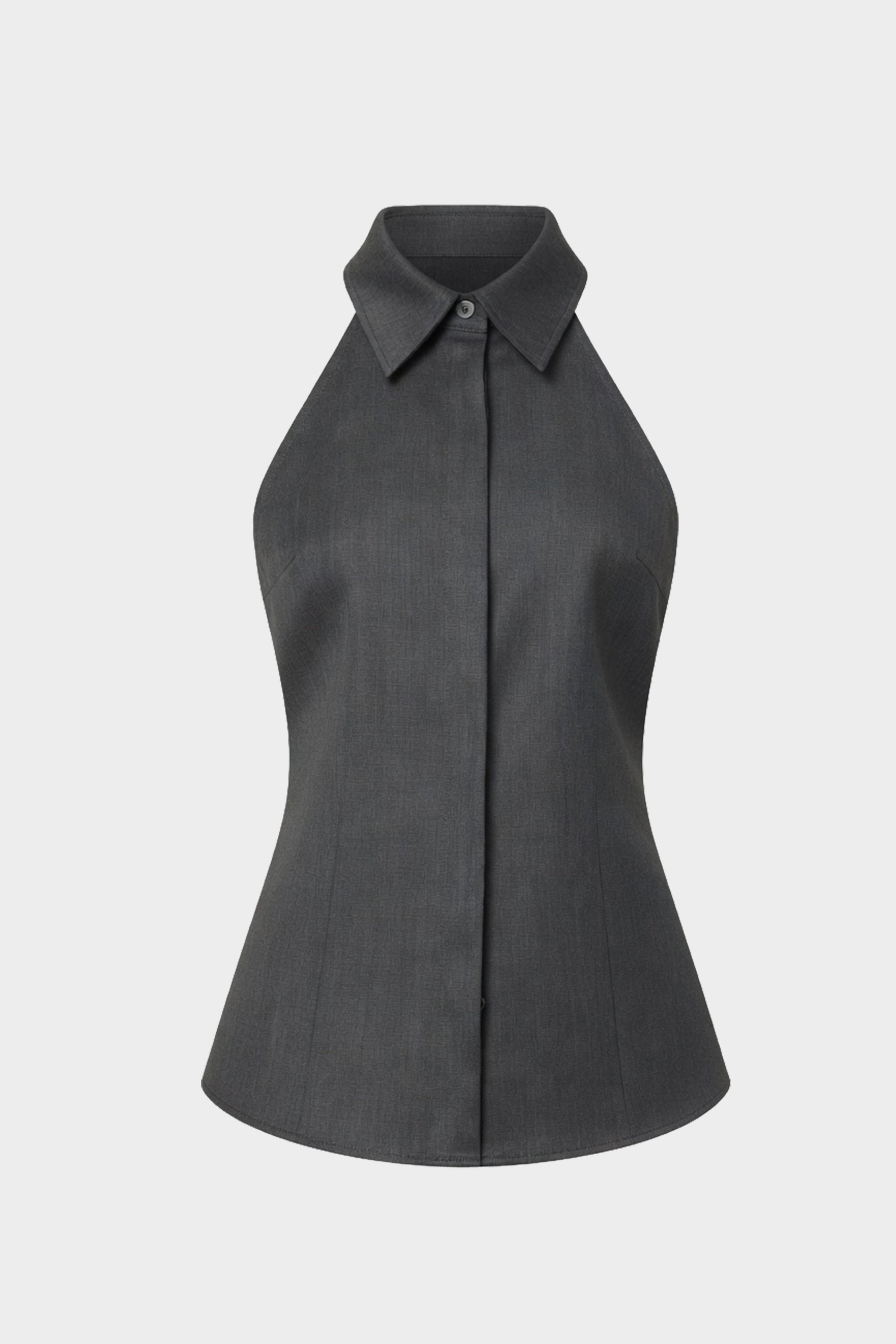 Grey halter suiting shirt front detail with pointed collar and center buttons