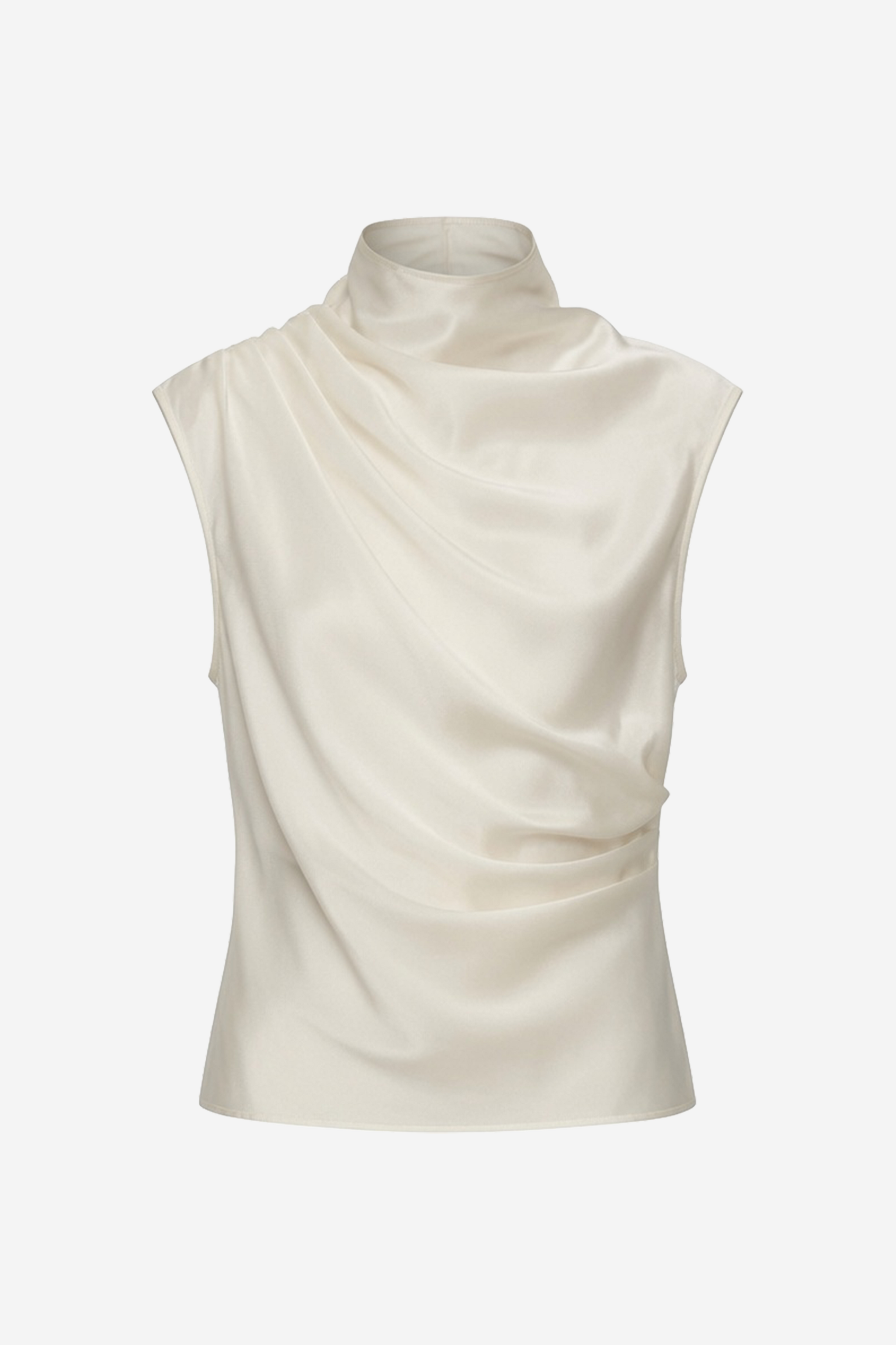 Off-white sleeveless silk top with high cowl neck and draped front